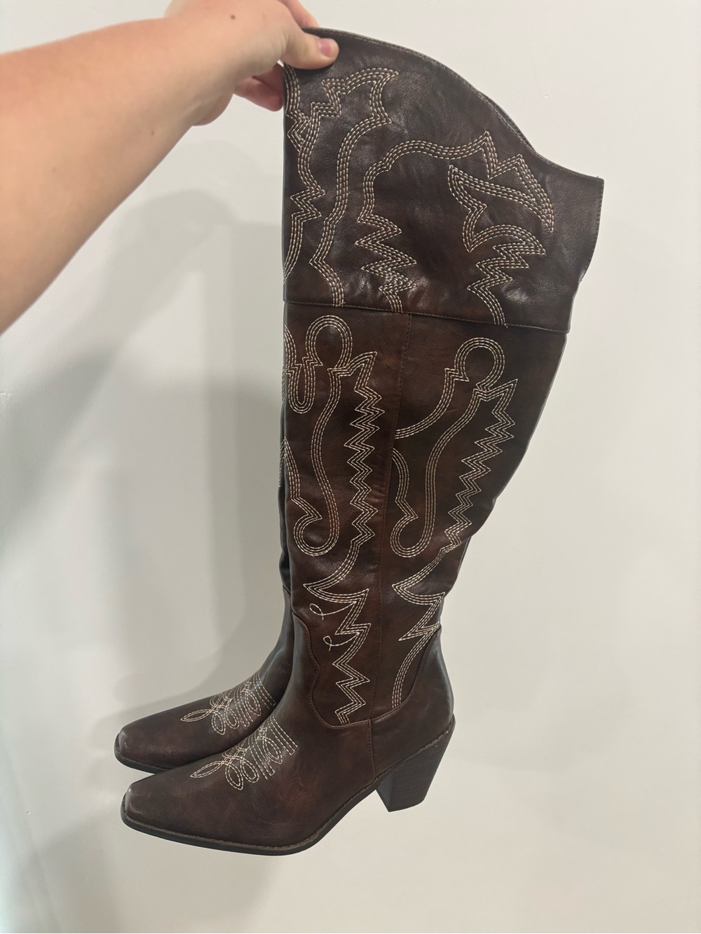 Embroidered Tall Brown Leather Cowboy Boots - Picture 1 of 9